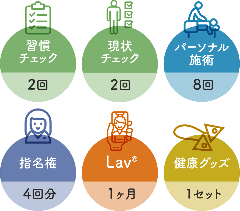 習慣チェック2回　現状チェック2回　パーソナル施術8回　指名権4回分　Lav®1ヶ月　健康グッズ1セット